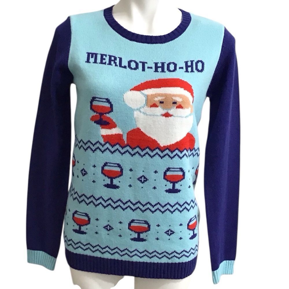 Norther Pole Blue and Red Santa Christmas Sweater Merlot-HO-HO Size Medium